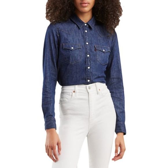 WRANGLER Dark Blue Chambray Cotton Pearl Snap Down Shirt Size Large - Picture 1 of 4